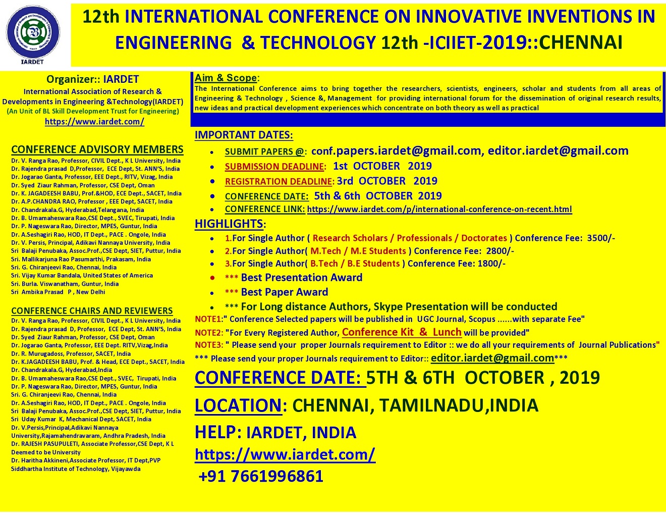 12th International Conference on Innovative Inventions in Engineering and Technology ICIIET 2019