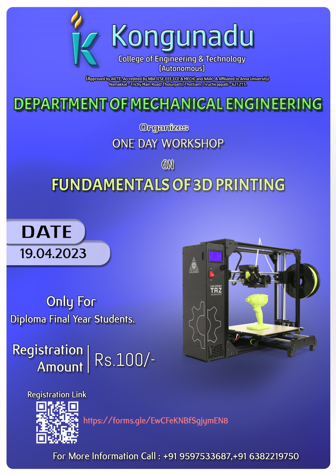 One day Workshop on Fundamentals of 3D printing 2023