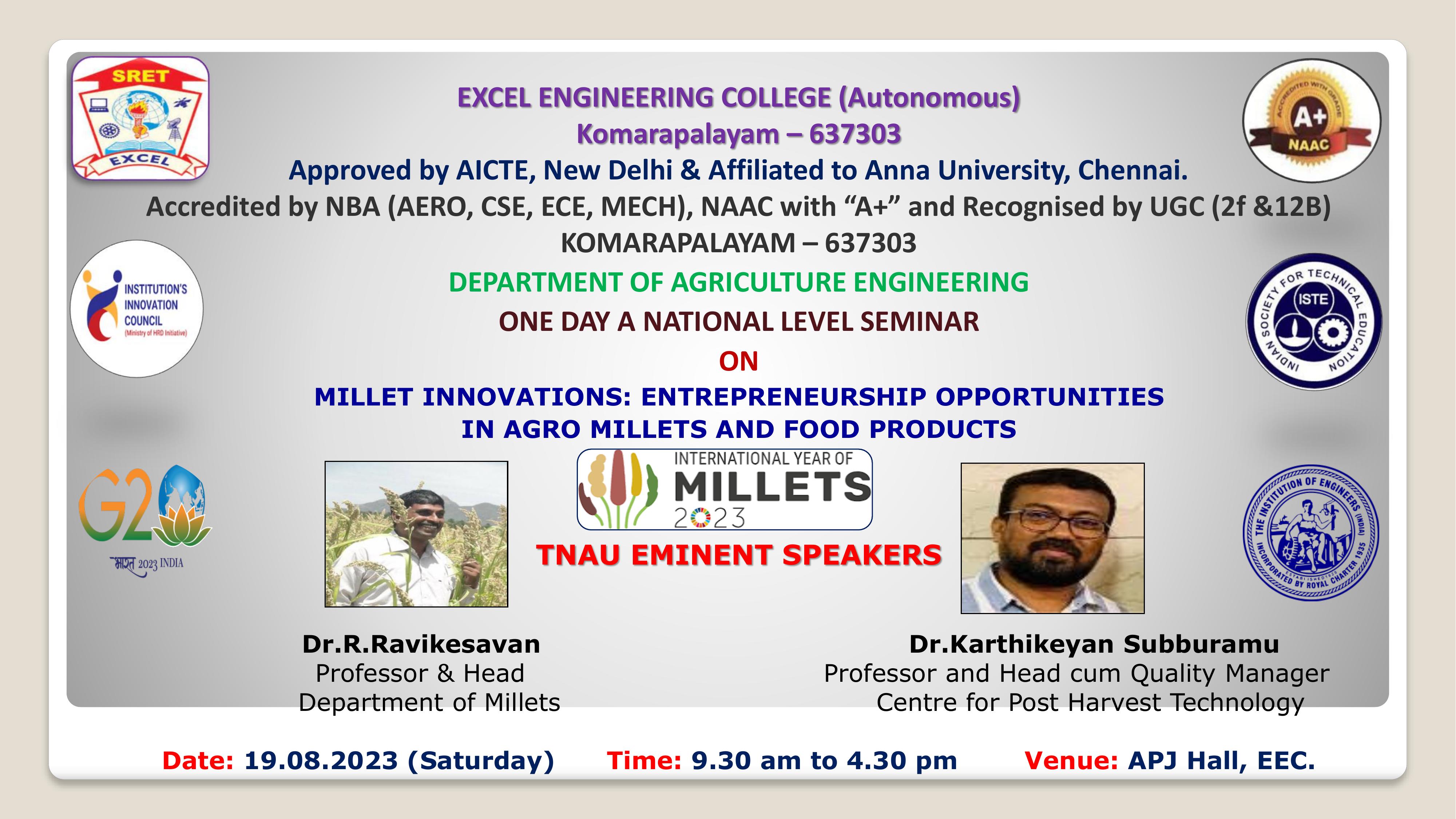 One Day National Level Seminar on Millet innovations: Entrepreneurship Opportunities in agro Millets and Food Products 2023