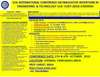 12th International Conference on Innovative Inventions in Engineering and Technology ICIIET 2019 International Conference Poster