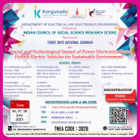Three Days National Level Seminar 2023 on Social and Technological Impact of Power Electronics based Hybrid Electric Vehicles for Sustainable Environment National Level Seminar Poster