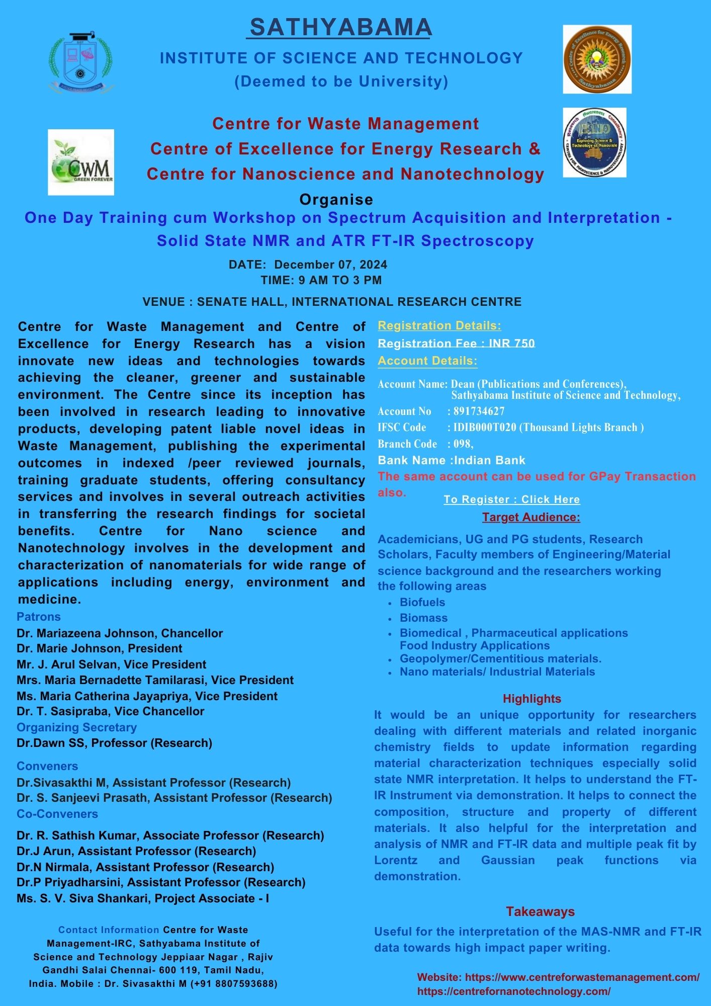 One Day Training cum Workshop on Spectrum Acquisition and Interpretation -Solid State NMR and ATR FT-IR Spectroscopy 2024