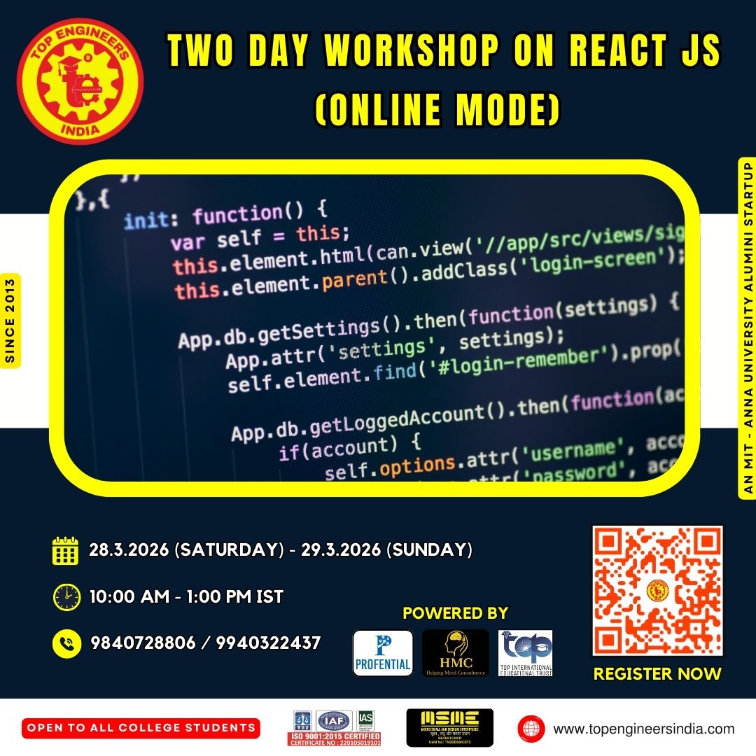 Two Day Workshop on React Js (Online Mode) Workshop Poster 