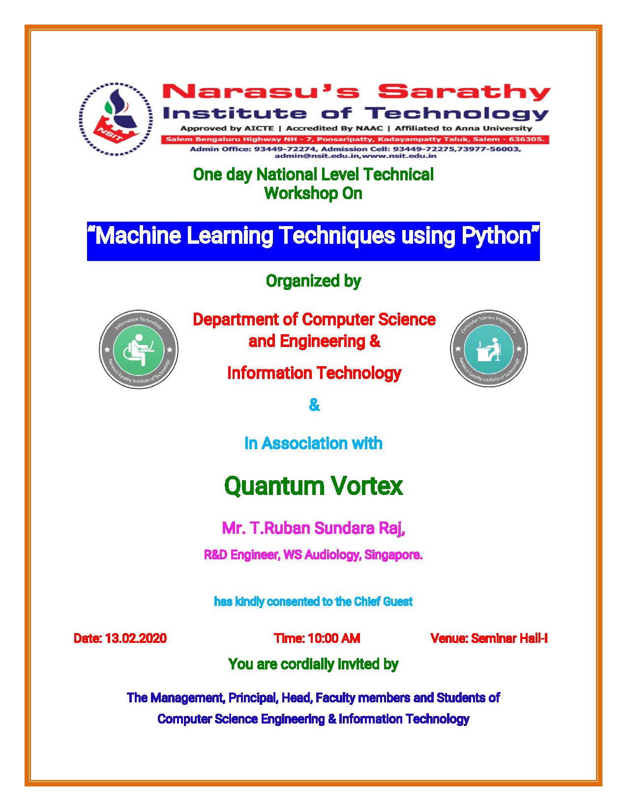 One Day National level workshop on Machine Learning Techniques Using ...
