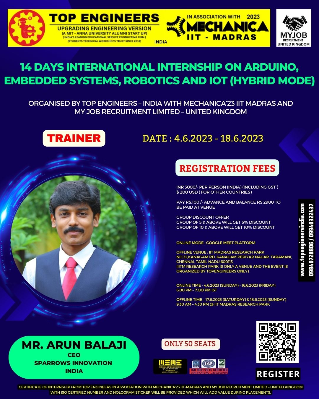 14 Days International Internship on Arduino, Embedded Systems, Robotics and IoT (Hybrid Mode) 2023