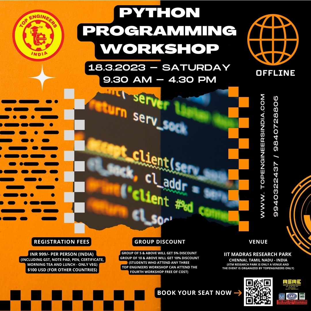 Python Programming Workshop 2023, Top Engineers, Python Workshop, Chennai