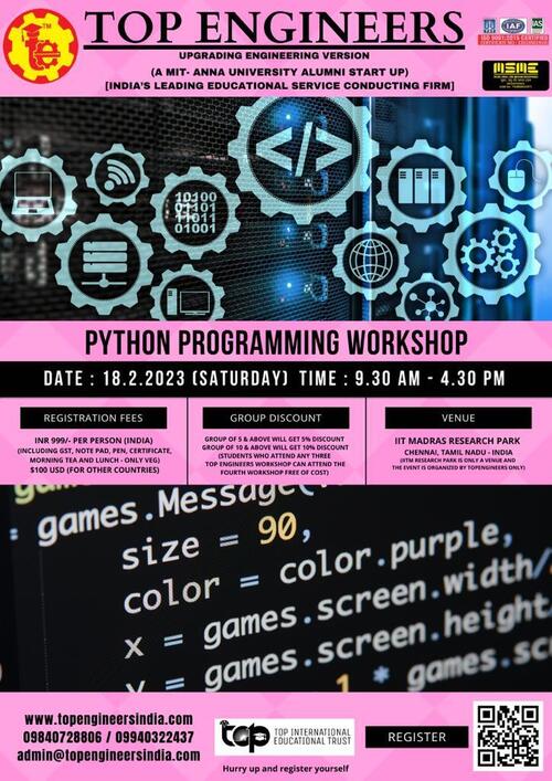 Python Programming Workshop 2023, Top Engineers, Workshop, Chennai