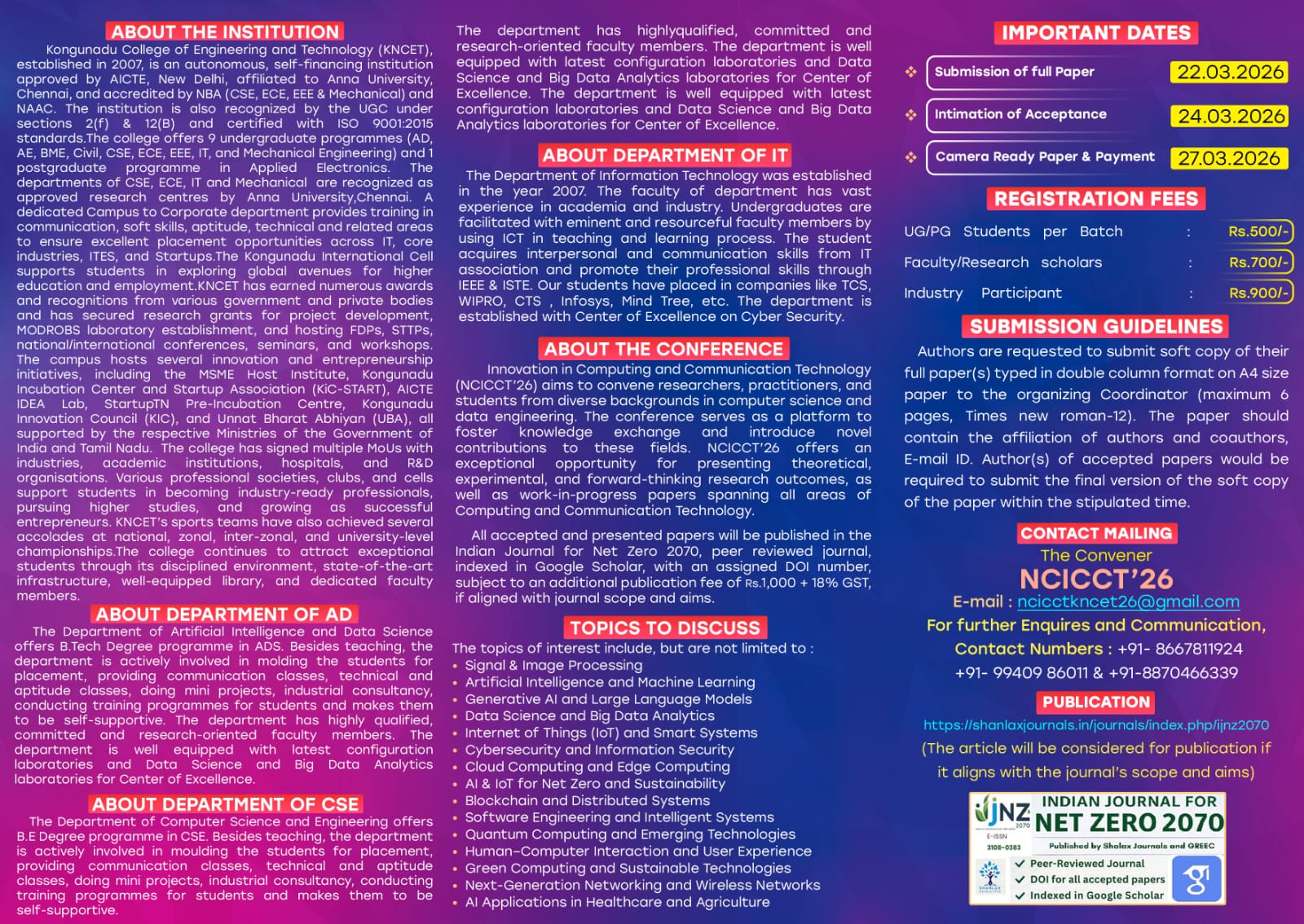 Innovation in Computing and Communication Technology NCICCT’26 National Conference Poster 