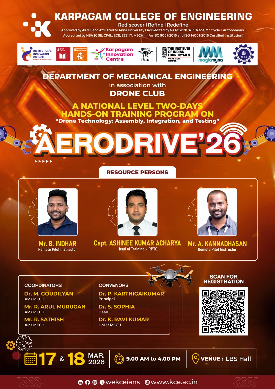 AERODRIVE’26  National Level Two-Days Hands-on Training Program on Drone Technology: Assembly, Integration & Testing Hands on Training Poster 