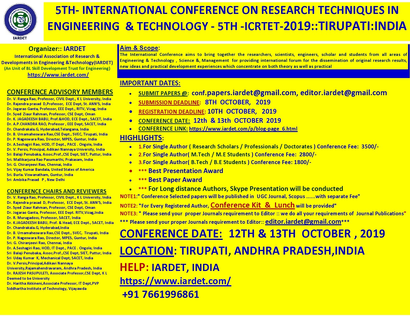 5th International Conference on Research Techniques in Engineering and Technology ICRTET 2019
