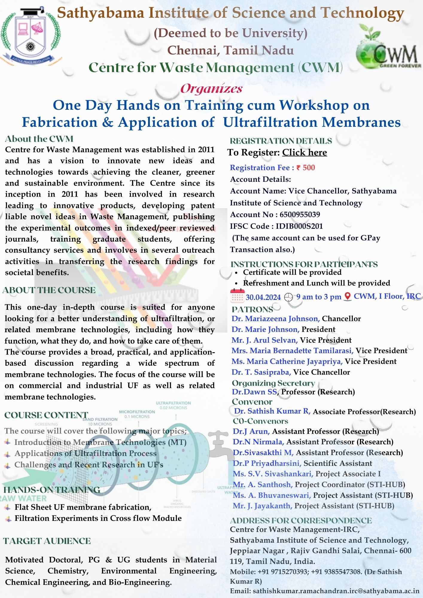 One Day Hands on Training cum Workshop on Fabrication & Application of Ultrafiltration Membranes 2024