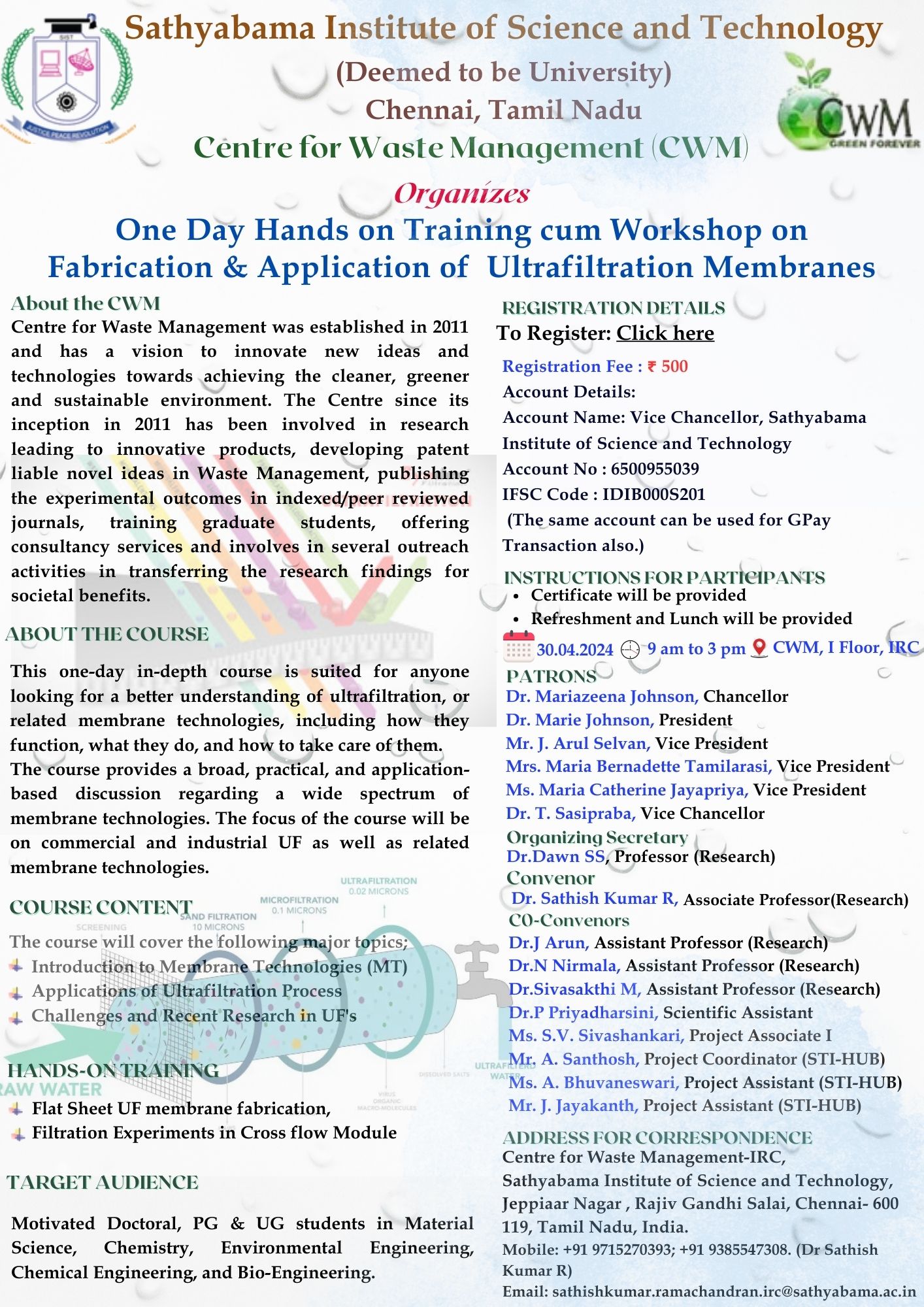 One Day Hands on Training cum Workshop on Fabrication & Application of Ultrafiltration Membranes 2024