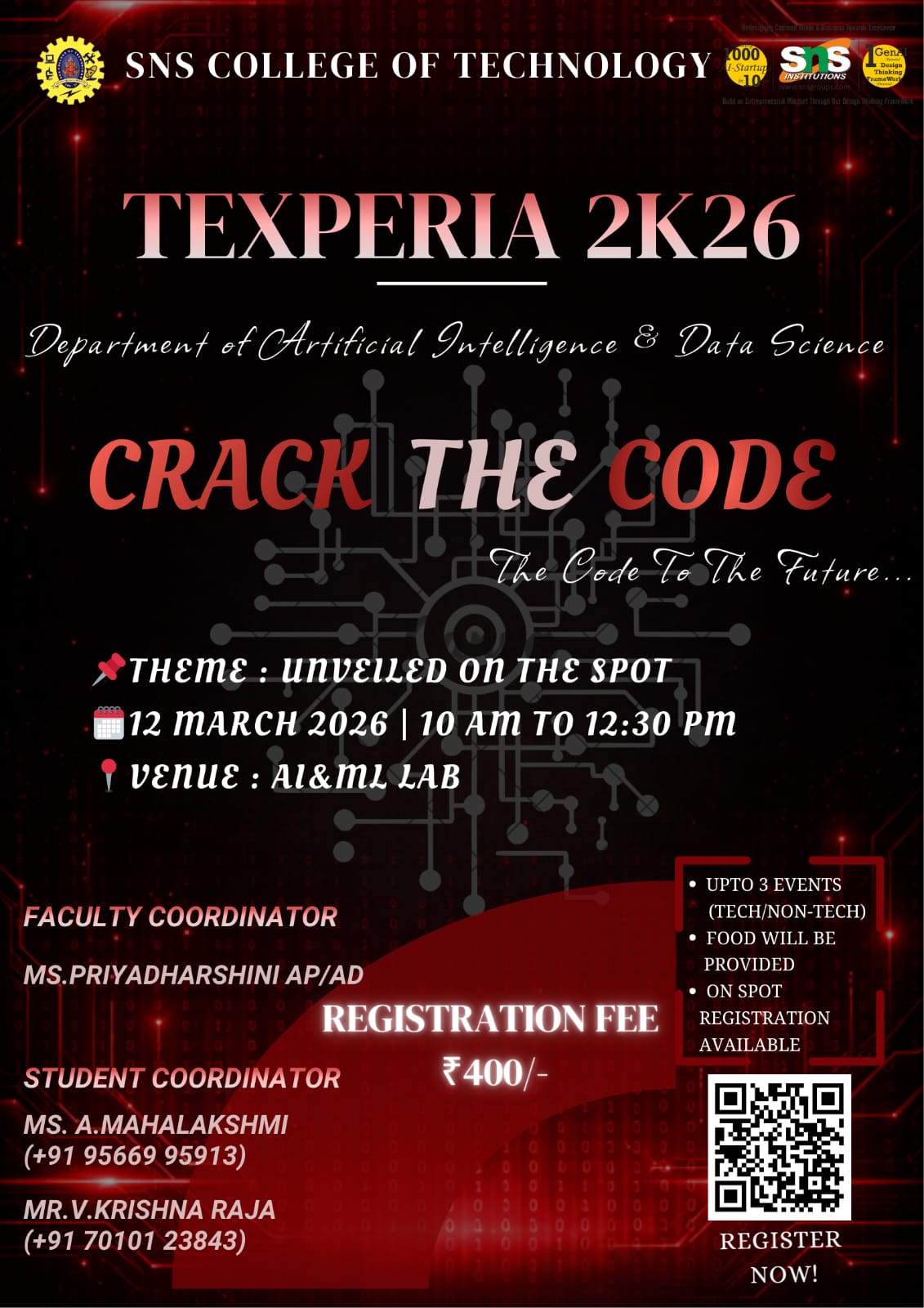 TEXPERIA'26/CRACK THE CODE 2026 Technical Event Poster 
