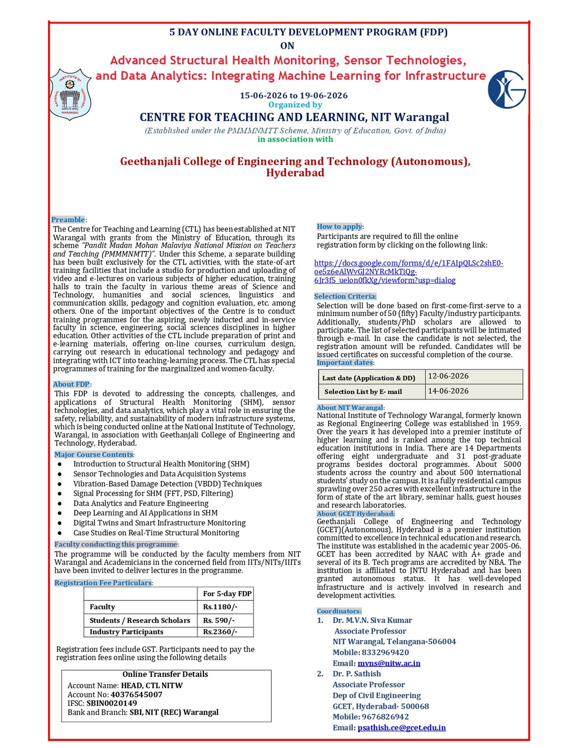 Advanced Structural Health Monitoring, Sensor Technologies, and Data Analytics: Integrating Machine Learning for Infrastructure 2026 Faculty Development Program Poster 