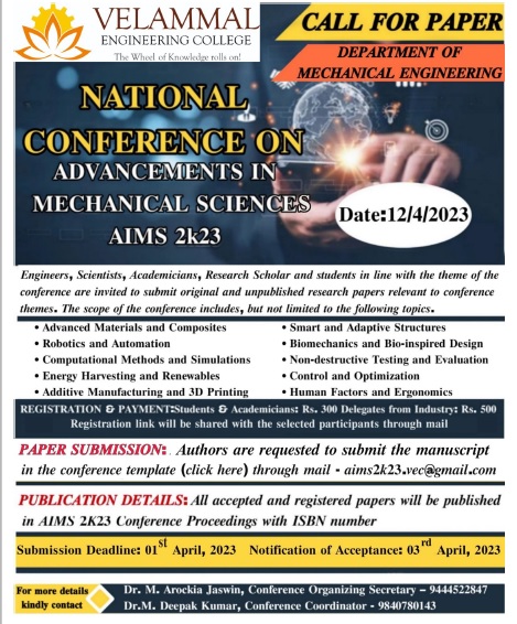 National Conference on Advancements in Mechanical Sciences AIMS 2k23