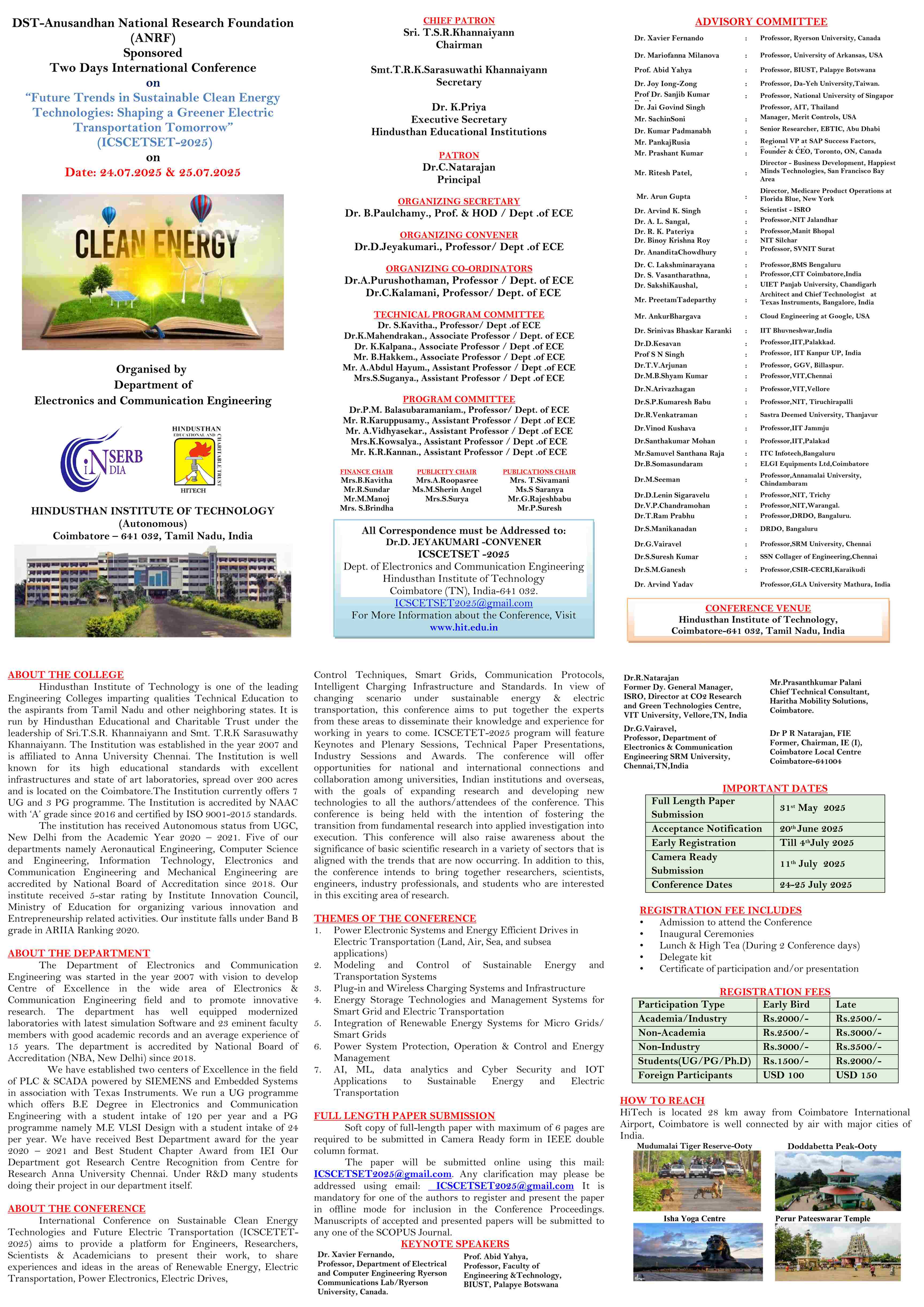 DST-Anusandhan National Research Foundation (ANRF) Sponsored Two Days International Conference on “Future Trends in Sustainable Clean Energy Technologies: Shaping a Greener Electric Transportation Tomorrow” (ICSCETSET-2025)
