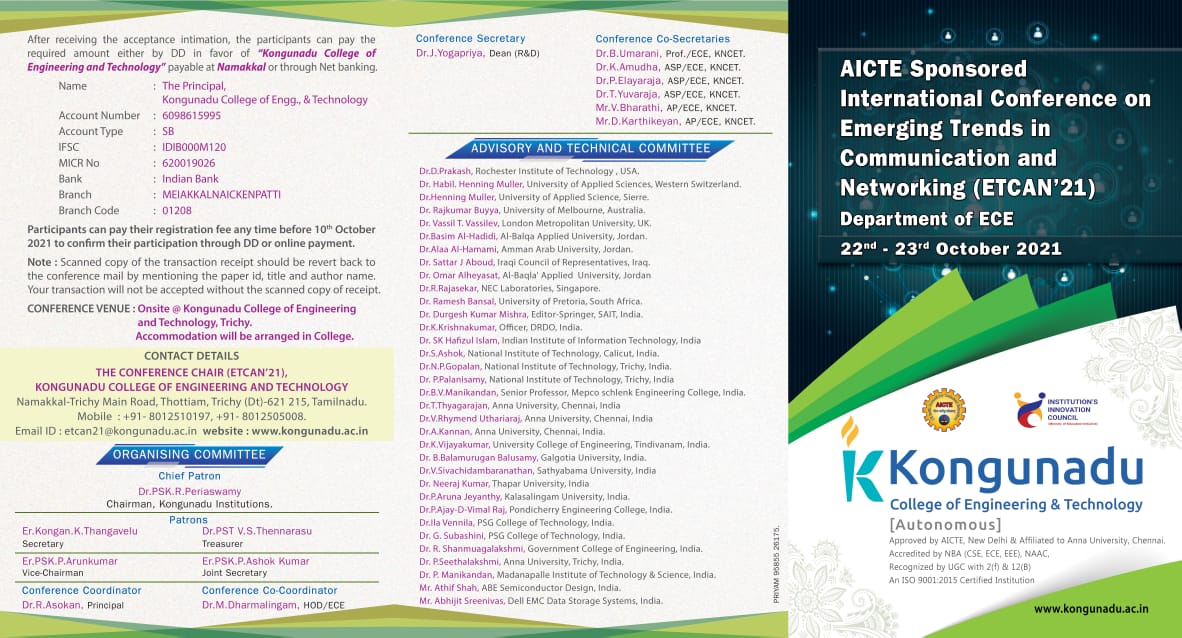 AICTE Sponsored International Conference on Emerging Trends in Communication and Networking (ETCAN) 21