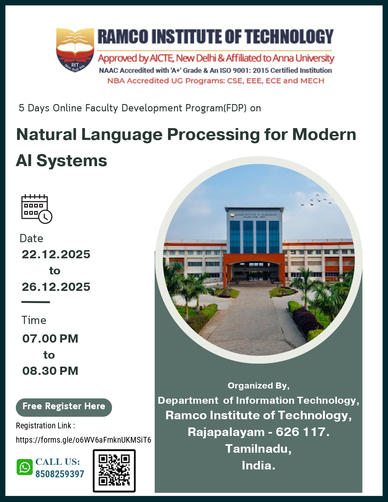 Five Days Online Faculty Development Program (FDP) on “Natural Language Processing for Modern AI Systems” 2025