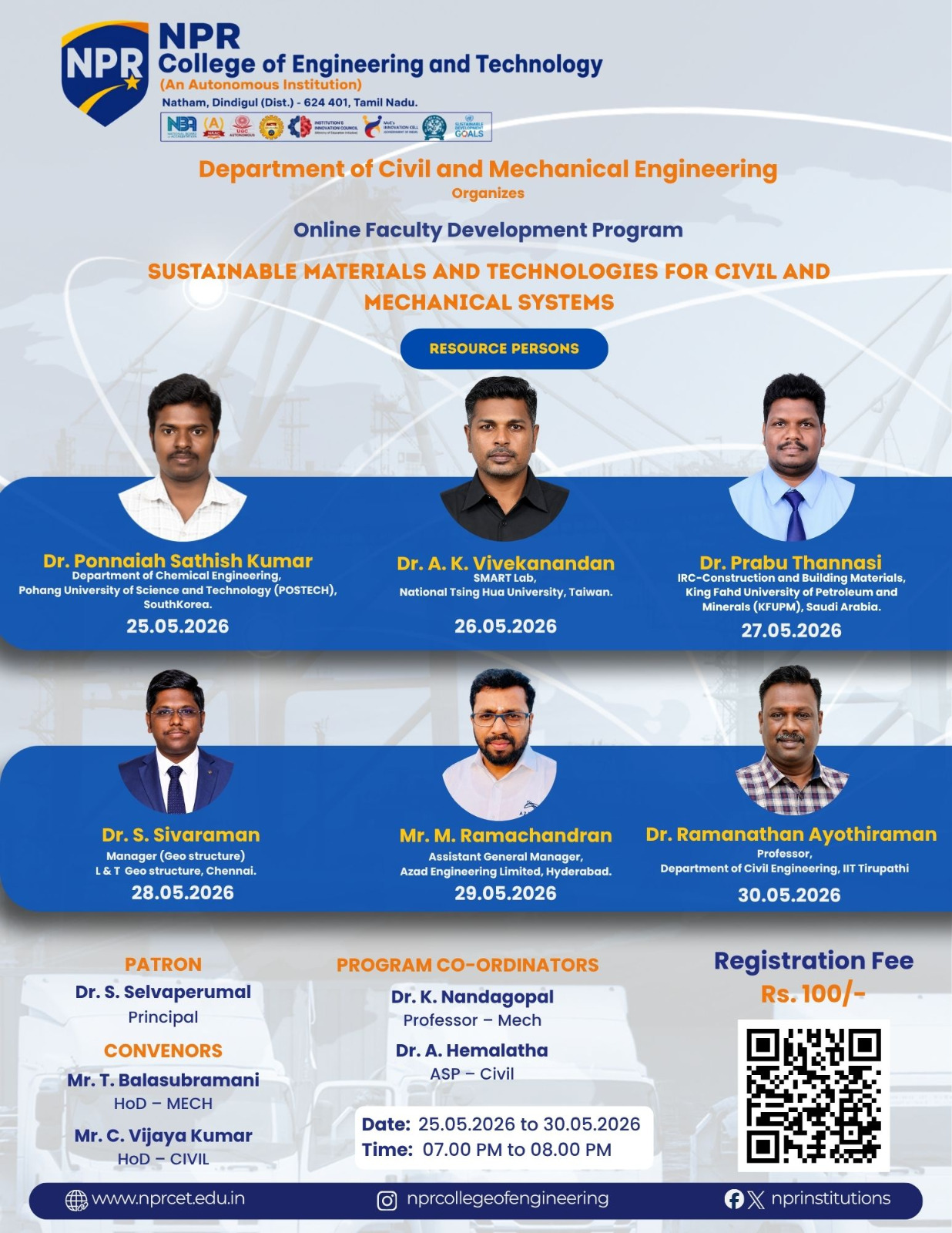 Online Faculty Development Program on Sustainable Materials and Technologies for Civil and Mechanical Systems 2026 Faculty Development Program Poster 