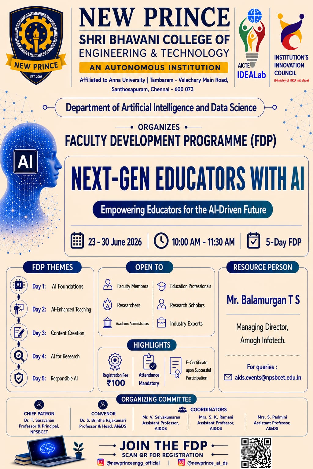 5-Day FDP on Next-Gen Educators with AI 2026 Faculty Development Program Poster 