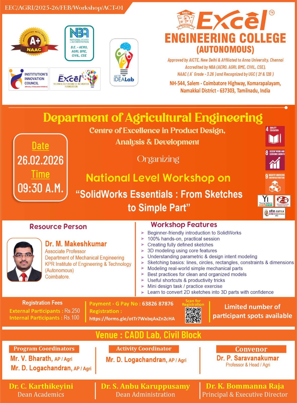 National Level Workshop on SolidWorks Essential: From Sketches to Simple Part 2026 Workshop Poster 
