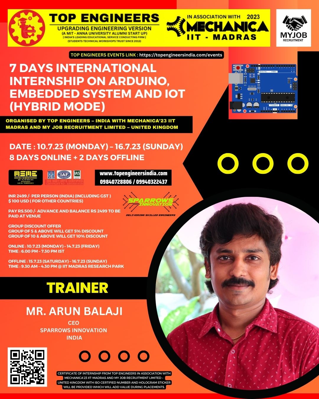 7 Days International Internship on Arduino, Embedded System and IoT (Hybrid Mode) 2023