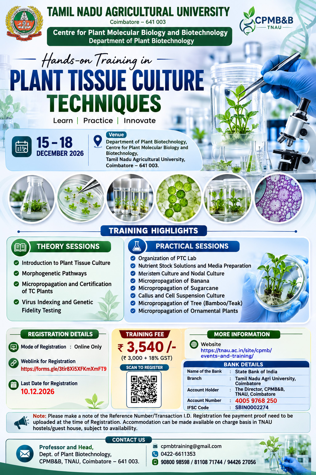 Hands on Training in Plant Tissue Culture Techniques 2026