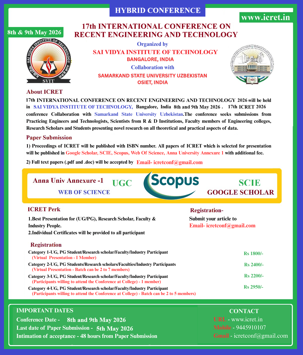 International Conference on Recent Engineering and Technology ICRET 2026 International Conference Poster 