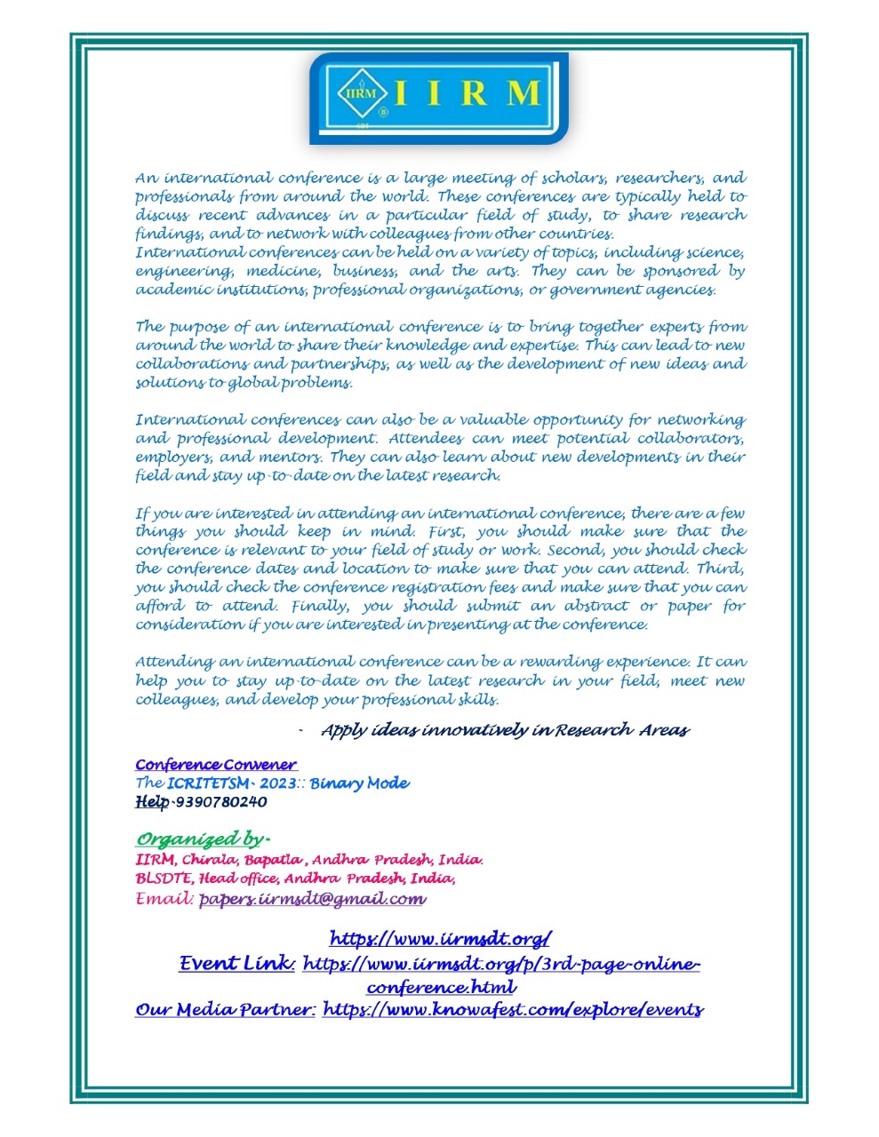 The International Conference on Recent Innovative Techniques in Engineering, Technology, Science, and Management – ICRITETSM- 2023::(Online & Offline Mode)