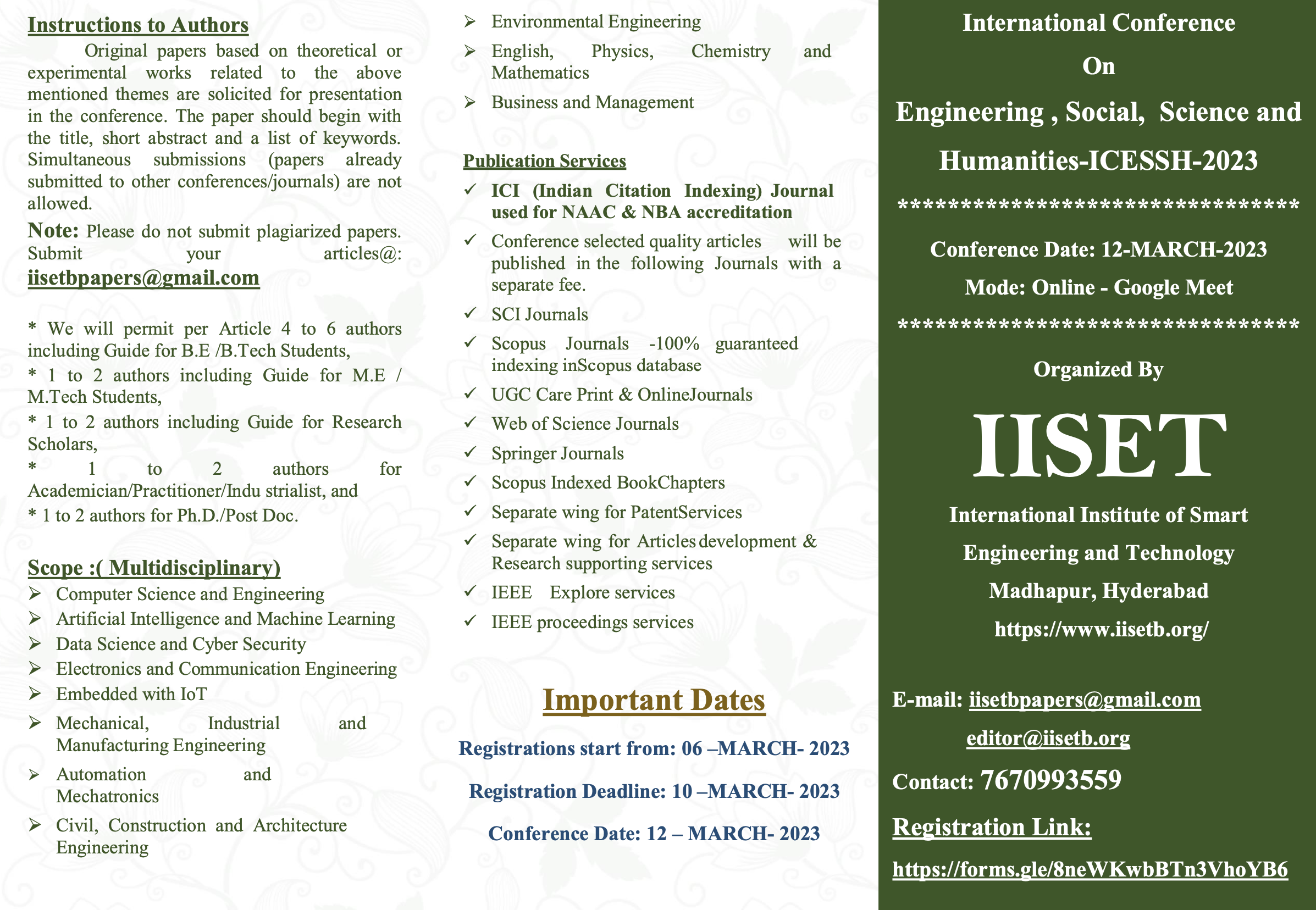 International Conference On Engineering , Social, Science and Humanities-ICESSH-2023