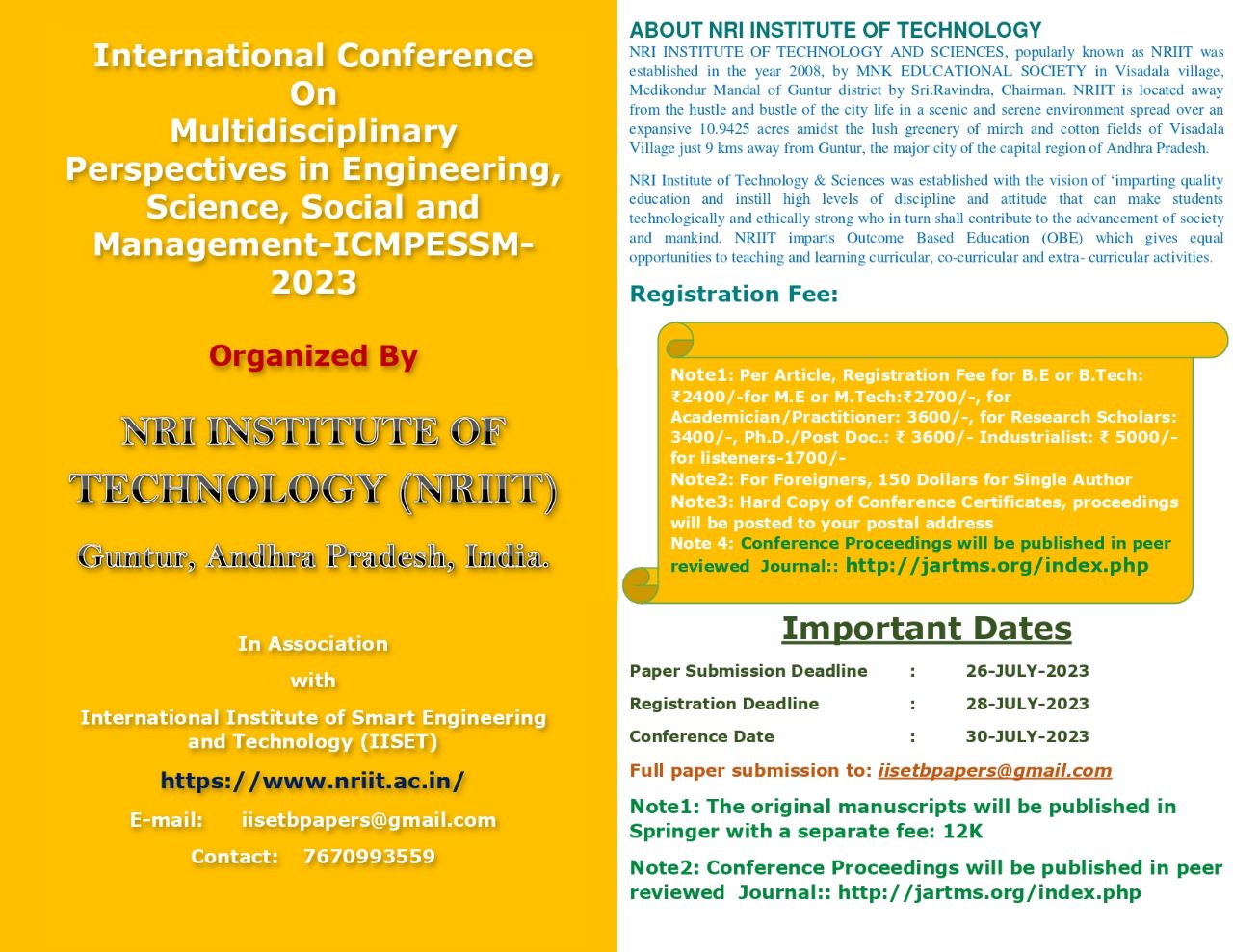The 2nd International Conference Multidisciplinary Perspectives in Engineering, Science, Social and Management-ICMPESSM-2023