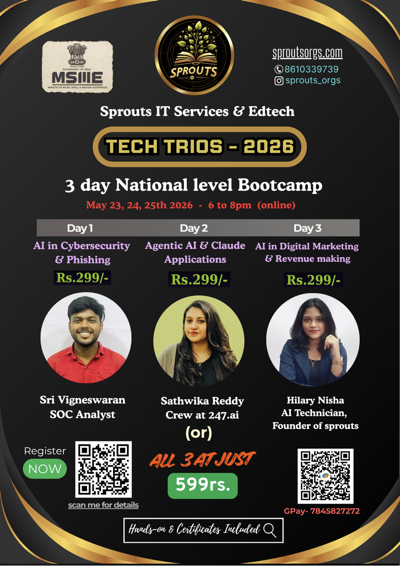 National level AI Bootcamp Tech Trios 2026 – AI in Cyber & Phishing, Agentic AI & Claude, AI in digital marketing Bootcamp and Workshop Poster 