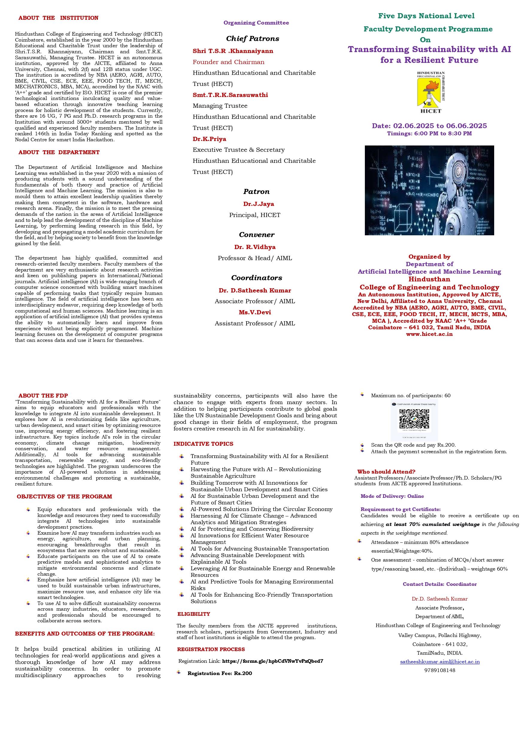 Five Days Faculty Development Programme on Transforming Sustainability with AI for a Resilient Future 2025