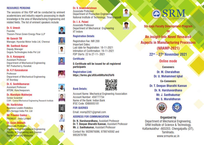 Six Days Online Faculty Development Program on An insight into Novel Research Aspects in Manufacturing Processes (NRAMP-2021)