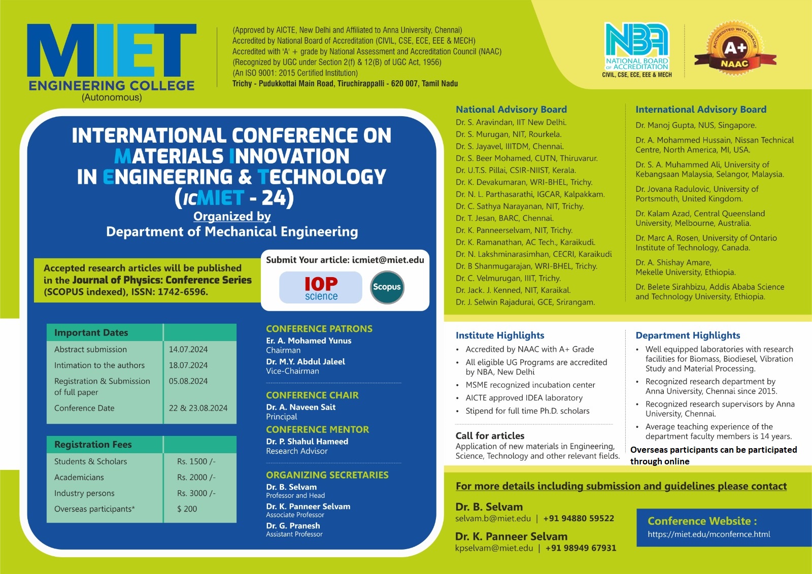 International Conference on Materials Innovation in Engineering and Technology (ICMIET-2024)