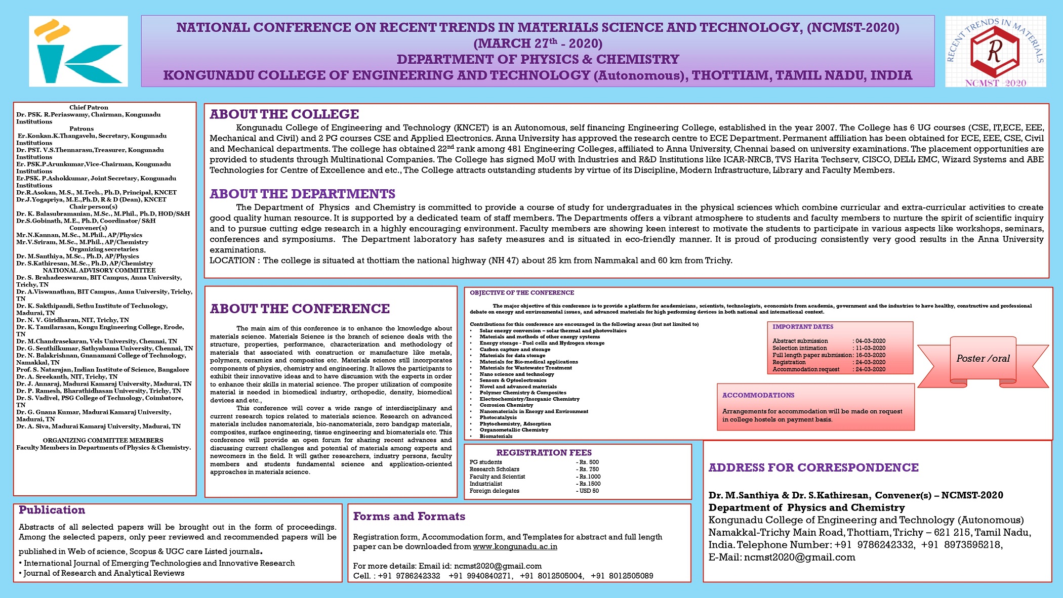 National Conference On Recent Trends In Materials Science And Technology Ncmst 2020 Kongunadu College Of Engineering And Technology National Conference Tiruchirappalli