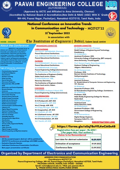 National Conference on Innovative Trends in Communication and Technology  NCITCT 22, Paavai Engineering College, National Conference, Namakkal