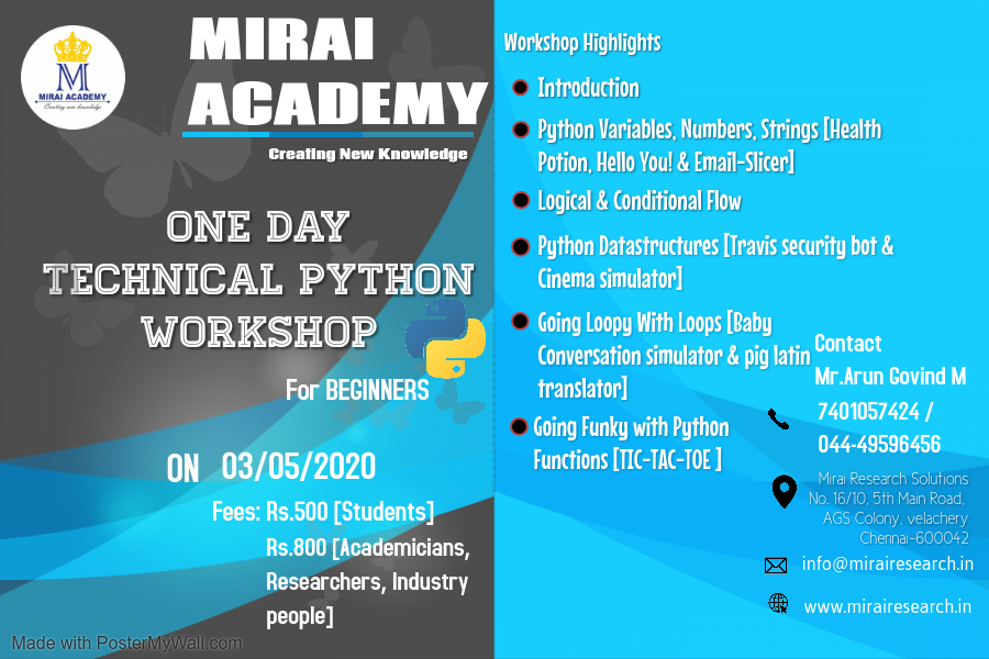 One Day Technical Python Workshop 2020, MIRAI Academy, Workshop, Chennai