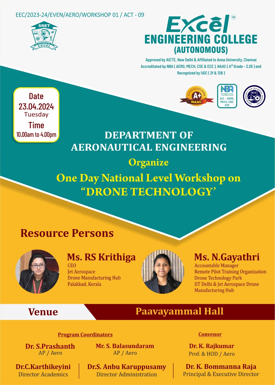 One Day National Level workshop on “Drone Technology” 2024, Excel ...
