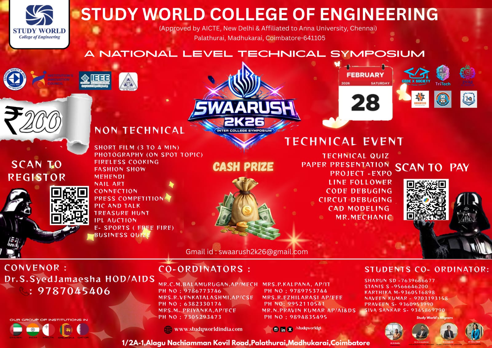 SWAARUSH 2K26 National Level Technical Symposium Poster 
