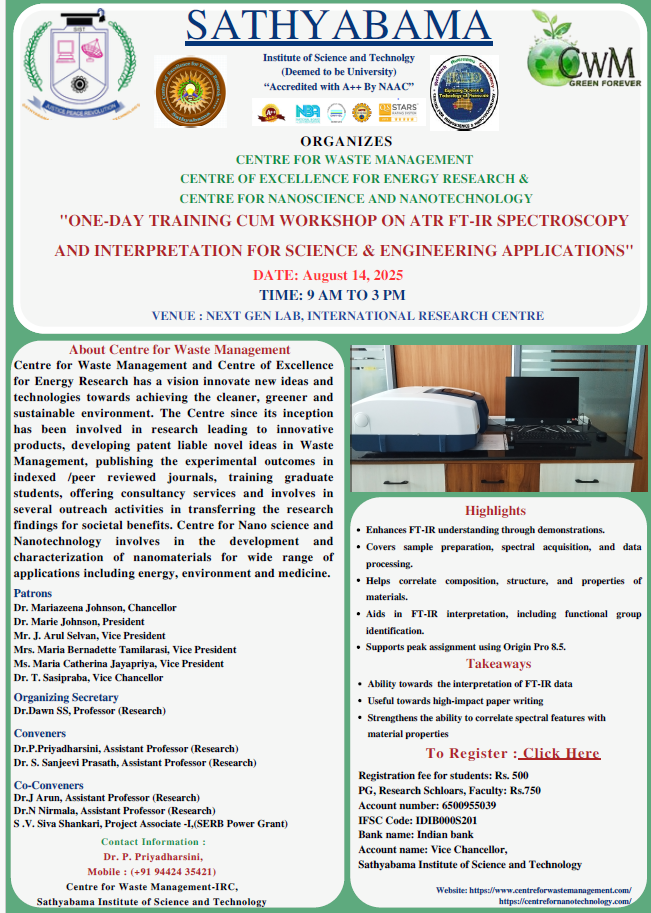 One-day Training Cum Workshop on atr FT-IR Spectroscopyand interpretation for Science & Engineering applications 2025