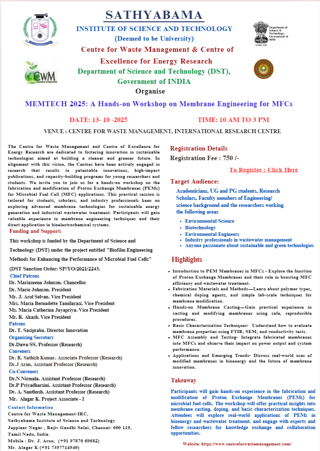 MEMTECH 2025: A Hands-on Workshop on Membrane Engineering for MFCs