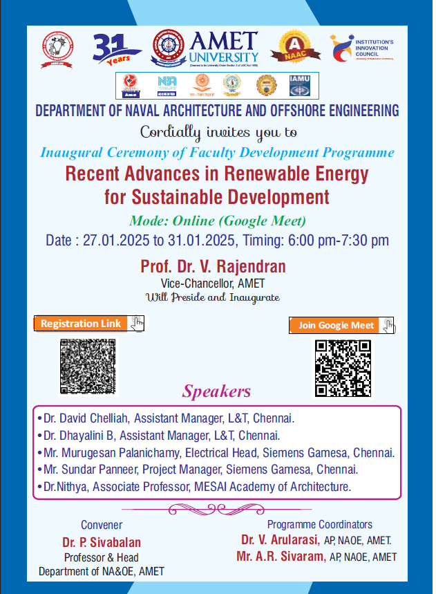 Faculty Development Programme On Recent Advances in Renewable Energy for Sustainable Development 2025