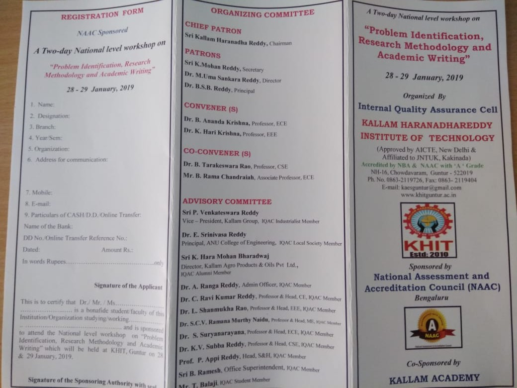 A Two day National level workshop on Problem Identification, Research Methodology and Academic Writing 2019
