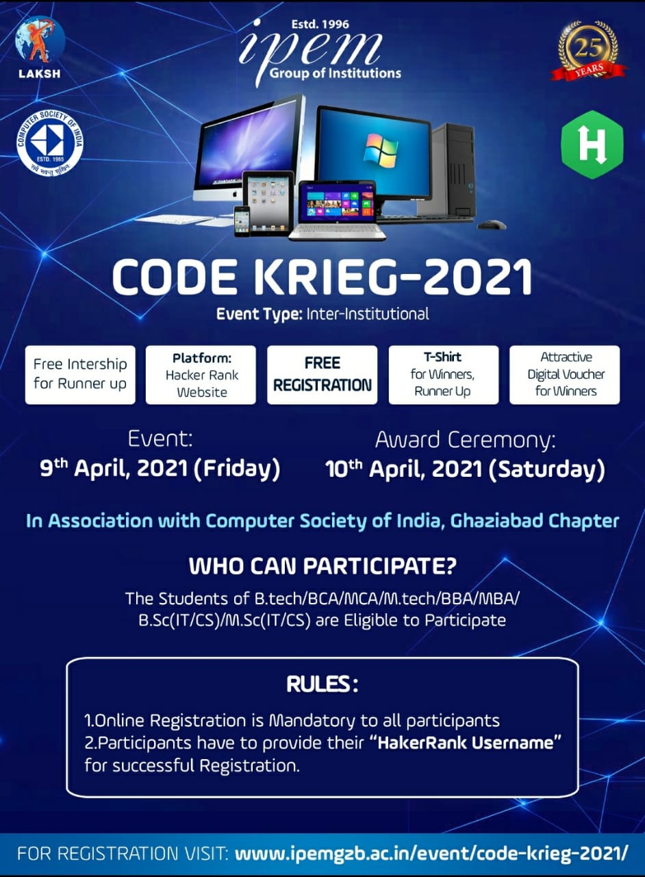Code Krieg 2021 Institute Of Professional Excellence And Management Ghaziabad Coding Challenge Ghaziabad