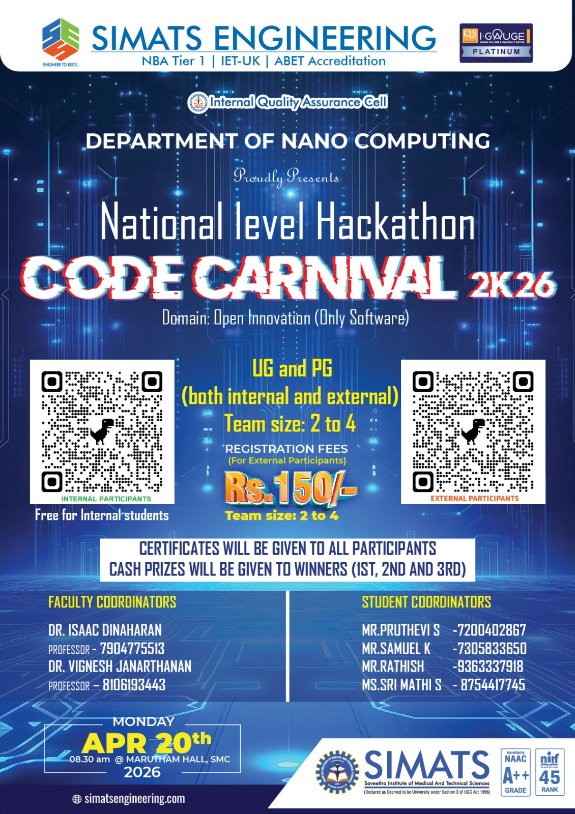 CodeCarnival 2k26, SIMATS Engineering, Hackathon, Chennai