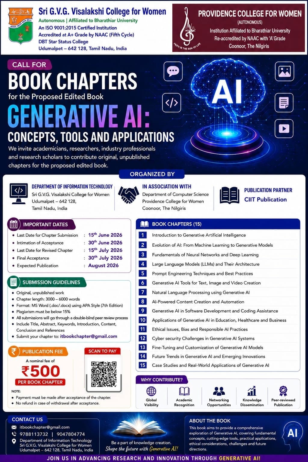 Call for Book Chapter : GENERATIVE AI: Concepts, Tools and Applications 2026