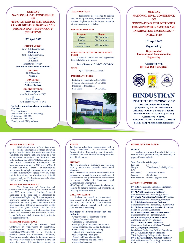 National Level Conference on Innovations in Electronics, Communication Systems and information Technology (nciecit'23)