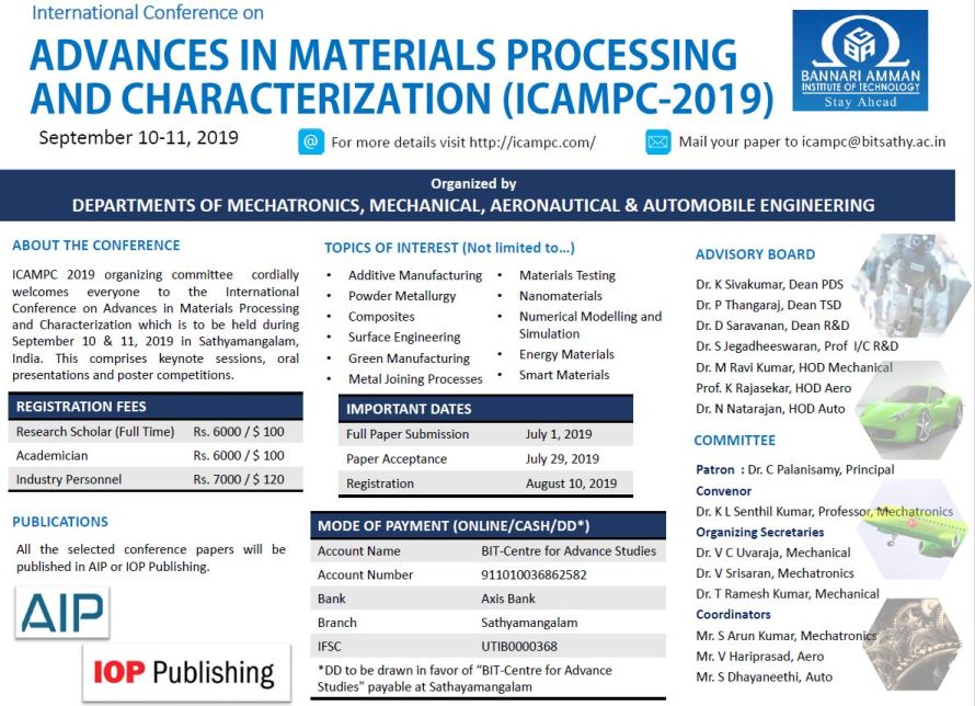 International Conference on Advances in Materials Processing and Characterization ICAMPC 2019