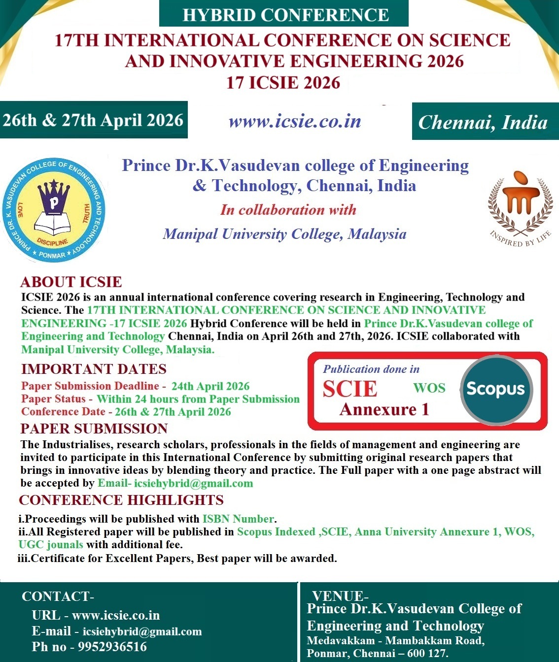 17th International Conference on Science and innovative Engineering ICSIE 2026